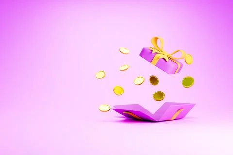 Abstract 3D purple gift box with floating heart symbols for holiday surprise Stock Illustration