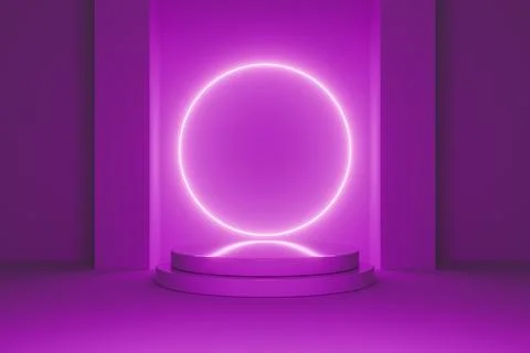 Abstract 3D purple stage with glowing neon circle background Stock Illustration