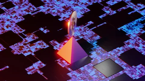 Abstract 3d Pyramid Cryptocurrency on high tech background. Seamless Bitcoin Stock Footage 202620107