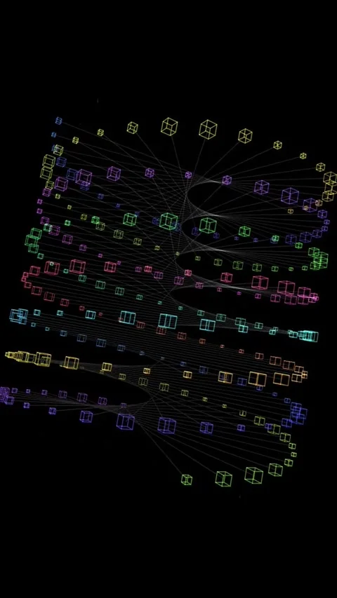 Abstract 3D Quantum DNA Helix with Rotating Cubes and Neon Glow loop Stock Footage 335775458