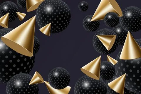 Abstract 3d realistic background with dynamic spheres. Falling black balls with Stock Illustration