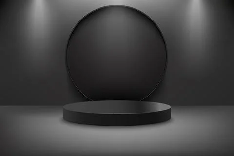 Abstract 3D realistic black empty round podium with round backstage and lamp  Illustrazione stock