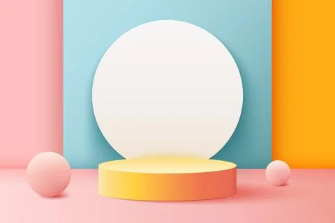 Abstract 3D realistic colorful empty round podium and pink spheres. Minimal s Stock Illustration