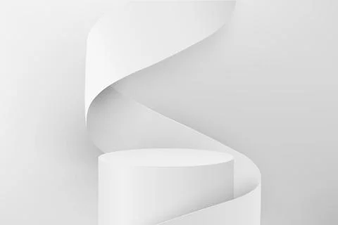 Abstract 3D realistic white empty round podium and white swirling ribbon. Min Stock Illustration