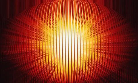 Abstract 3D Red and Orange Ribbed Sphere with Glowing Light Center and Grai.. Stock Illustration