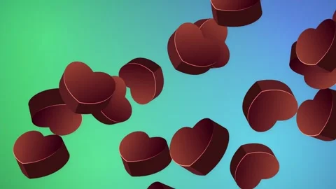 Abstract 3D Red Hearts Falling Over Vibrant Blue and Green Mesh Background Stock Footage 344936662