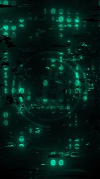 Abstract 3D render of Bitcoin symbol with glowing green binary. Stock Illustration