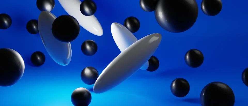 Abstract 3D render. Blue background with falling 3d balls. Dynamic flying bubble Illustrazione stock