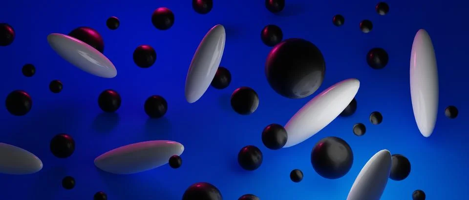 Abstract 3D render. Blue background with falling 3d balls. Dynamic flying bubble Stock Illustration