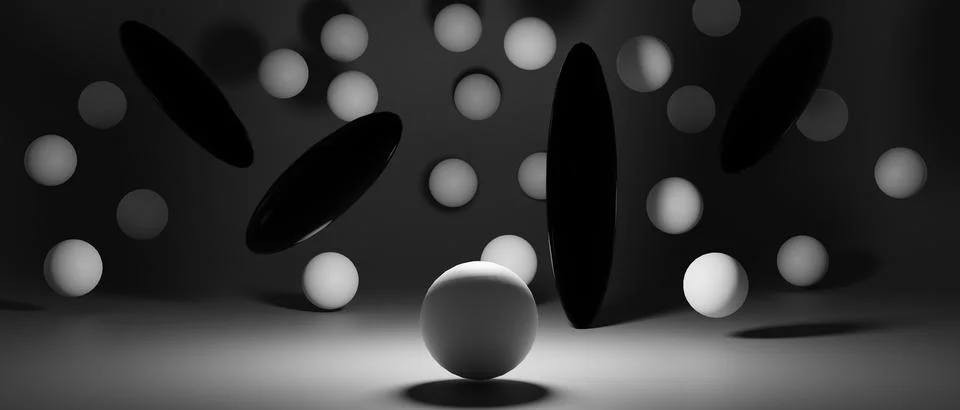 Abstract 3D render. Dark background with falling 3d balls. Dynamic flying bubble イラスト素材