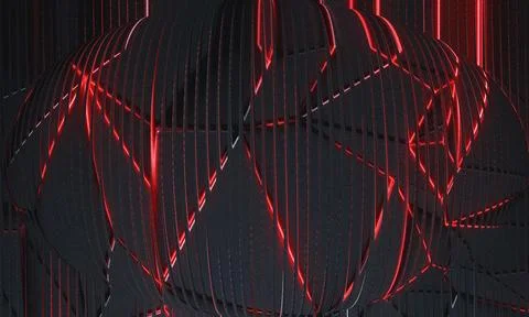 Abstract 3D Render of Dark Metallic Sphere with Glowing Red Neon Zigzag Pat.. 스톡 일러스트