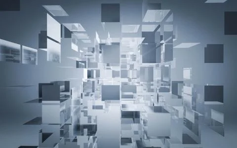 Abstract 3d render of dissolving white and blue cubes Illustrazione stock
