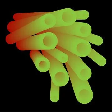 Abstract 3D render of green and red cylindrical tubes on a black background 库存插图