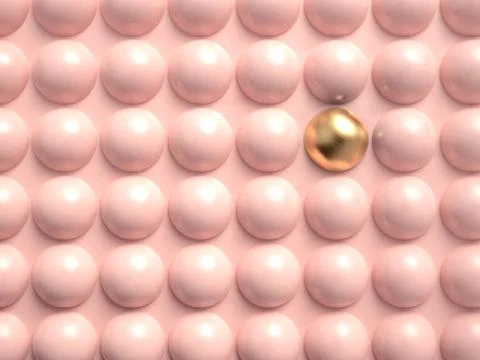 Abstract 3d render image of one golden ball among pink plast spheres. Concept of Stock Illustration