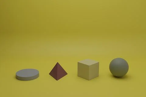 Abstract 3d render minimal scene with multicolor geometric objects on a yellow Stock Illustration