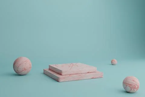 Abstract 3d render minimal scene with coral marble podiums and balls Stock Illustration