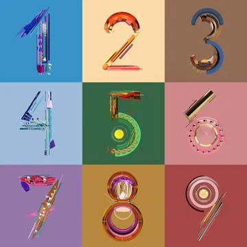 Abstract 3d render numbers one to nine set Illustrazione stock