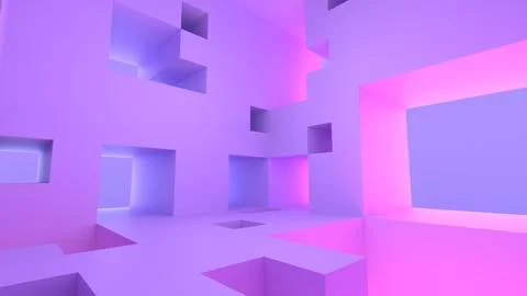 Abstract 3d render of a purple room with square holes cut out with pink and.. Stock Illustration