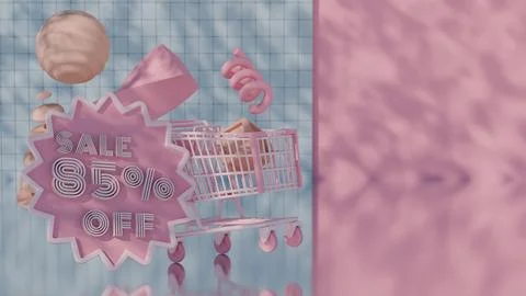 Abstract 3D Render of Sale - 85 Percent Off with Shopping Cart Stock Illustration