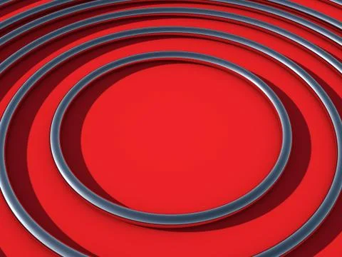Abstract 3D render of shiny metal rings focusing attention. Red flame scarlet bg Stock Illustration