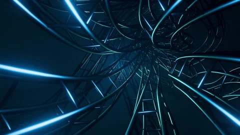 Abstract 3D render of a swirling blue metal lattice tunnel in a seamless motion Stock Footage 341315471