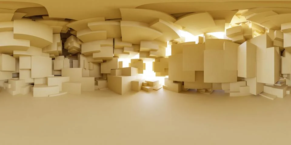 Abstract 3D Render of a Warmly Lit, Beige Cuboid Space With Surreal Architecture Stock Illustration