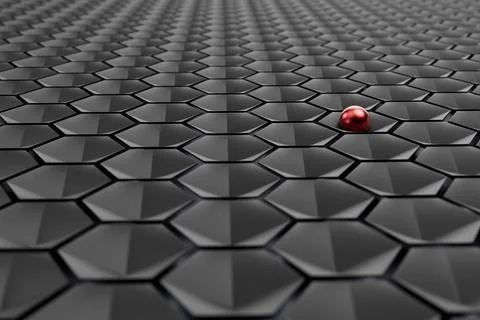 Abstract 3D Rendered Black Hexagon Tile Floor with Single Red Sphere Backgrou Stock Photos