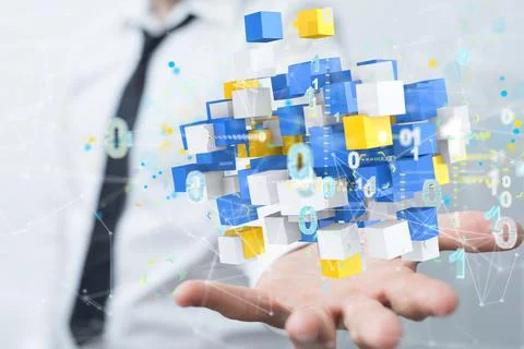 Abstract 3D rendered data cloud with binary coder hovering over a man's palm 스톡 사진