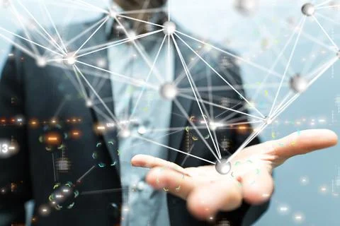 Abstract 3D rendered network hovering over a man's hand Stock Photos