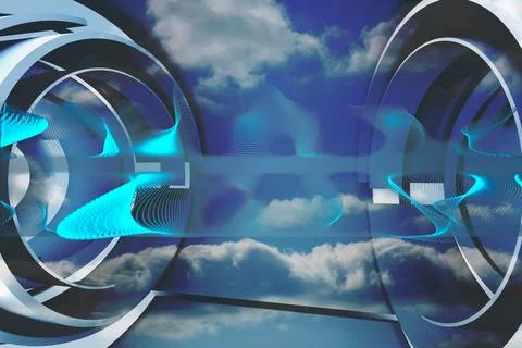 Abstract 3D-rendered rings are forming cylinder in cloudy sky and cyan waveforms Stock Illustration
