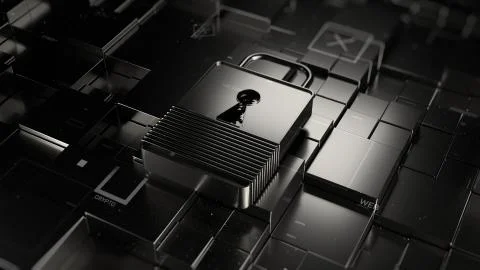 Abstract 3d rendered technology background. Digital theme. Lock is laying on  Stock Illustration