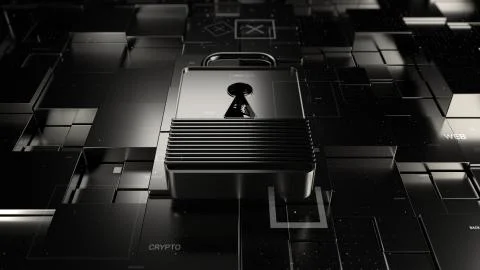 Abstract 3d rendered technology background. Digital theme. Lock is laying on  Stock Illustration