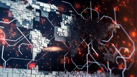 Abstract 3d rendered world map made from box blocks. Abstract infrmation, con Stock Illustration