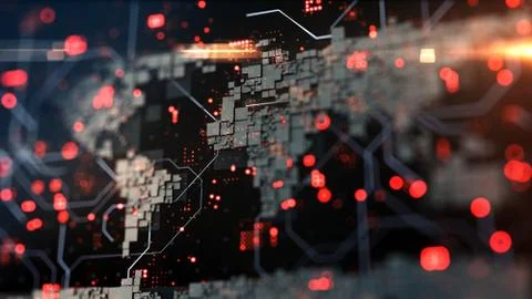 Abstract 3d rendered world map made from box blocks. Abstract infrmation, con Stock Illustration