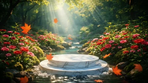 Abstract 3d rendering background: Marble Podium in Forest Stream Stock Footage 326371884