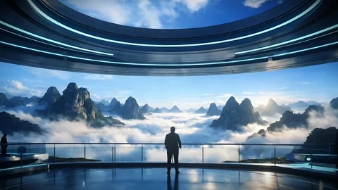 Abstract 3d rendering background: Sci-Fi Deck with Misty Mountain View Stock Footage 326082911