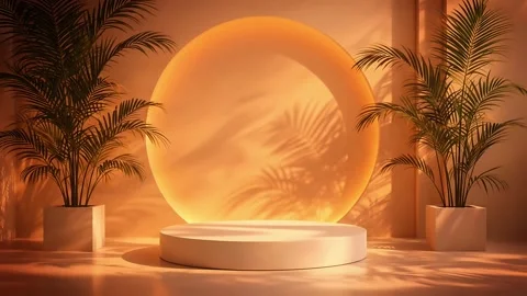 Abstract 3d rendering background: Warm Tropical Podium with Leaf Shadows Stock Footage 326258292