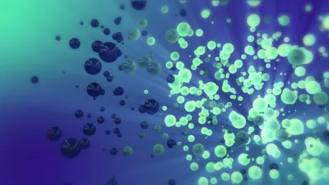 Abstract 3d rendering blue and green flying spheres flying in empty space Stock Illustration