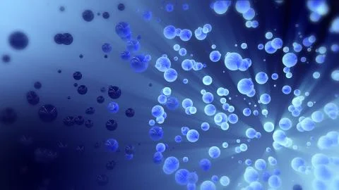 Abstract 3d rendering blue flying spheres flying in empty space Illustrazione stock