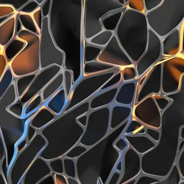 Abstract 3d rendering of chaotic black landscape structure with golden frame Stock Illustration