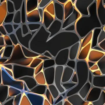 Abstract 3d rendering of chaotic black landscape structure with golden frame Illustrazione stock