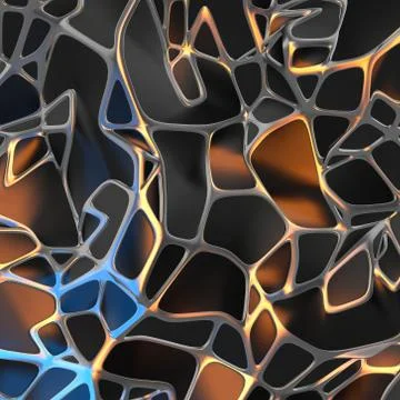 Abstract 3d rendering of chaotic black landscape structure with golden frame Stock Illustration