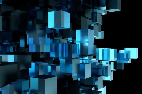 Abstract 3d rendering of chaotic cubes. Flying shapes in empty space. Dynamic Stock Illustration