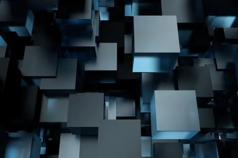 Abstract 3d rendering of chaotic cubes. Flying shapes in empty space. Futuristic Stock Illustration
