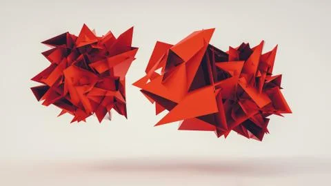 Abstract 3d rendering of chaotic Flying red polygonal triangles balls Stock Illustration