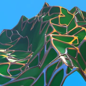 Abstract 3d rendering of chaotic green landscape structure with golden frame Stock Illustration