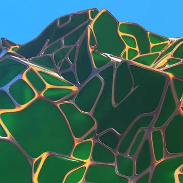 Abstract 3d rendering of chaotic green landscape structure with golden frame Illustrazione stock