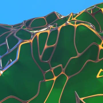Abstract 3d rendering of chaotic green landscape structure with golden frame Stock Illustration