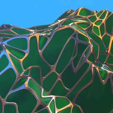 Abstract 3d rendering of chaotic green landscape structure with golden frame Stock Illustration