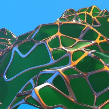 Abstract 3d rendering of chaotic green landscape structure with golden frame Stock Illustration